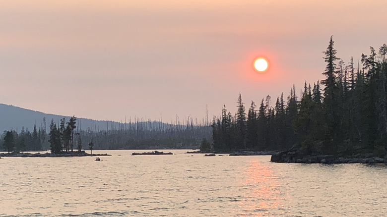The sun setting over Waldo Lake