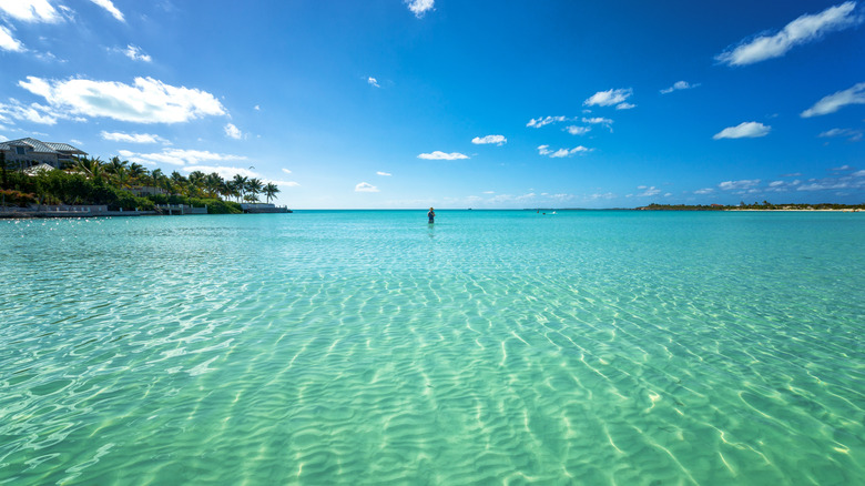 A visitor wades far into Chalk Sound in Turks and Caicos