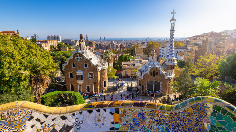 View from up high of the famous Park de Güell on a sunny day in Barcelona, Spain
