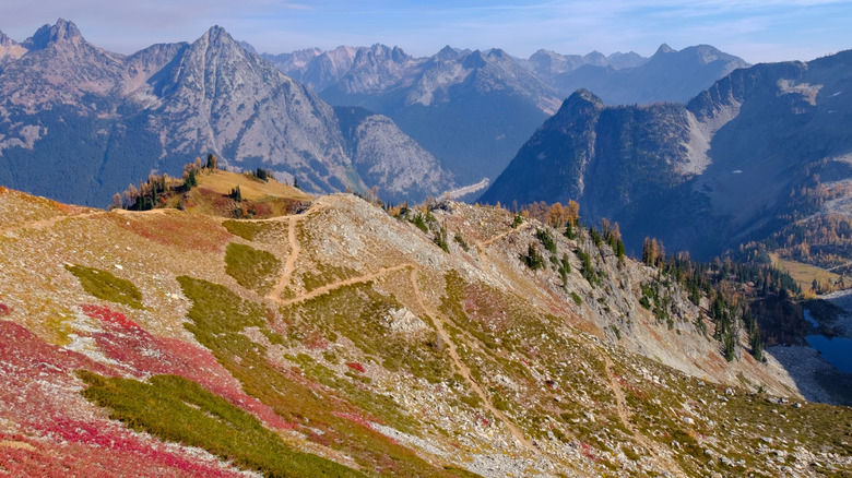 A grassy hilltop with a large mountain range in the background