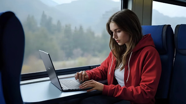 A woman sits on a train using her Lenovo IdeaPad Copilot+ Business Laptop.