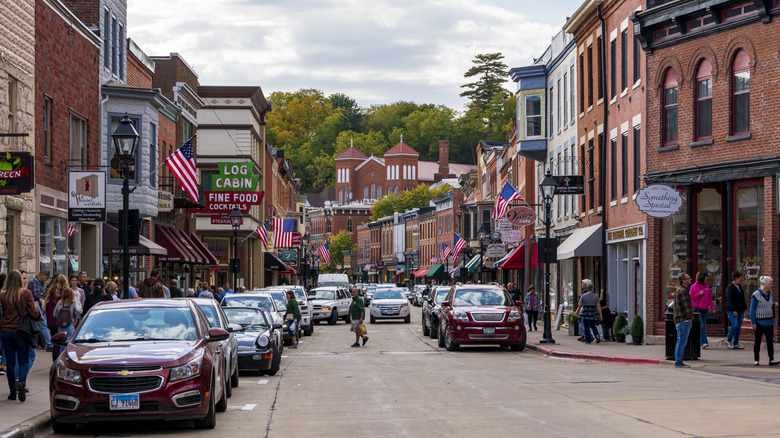 A street view of Galena lined with American flags.