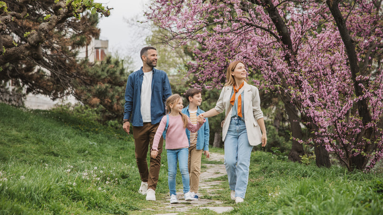 A family on a spring walk.