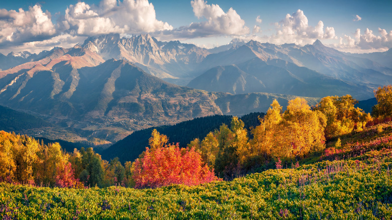 View of Caucasus mountains and autumn foliage in Georgia.