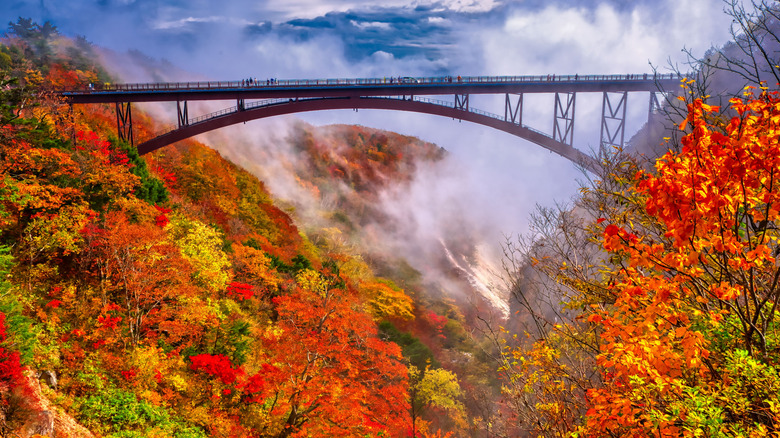A beautiful view of the Fudosawa Bridge in autumn in Fukushima, Japan.
