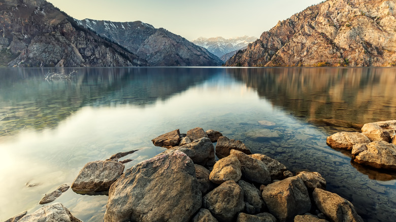 View of Sary-Chelek Lake a mountain lake located in Sary-Chelek Nature Reserve in Jalal-Abad Province in Western Kyrgyzstan.