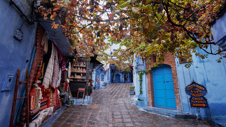 View of a vibrantly painted street during autumn in Chefchaouen, Morocco