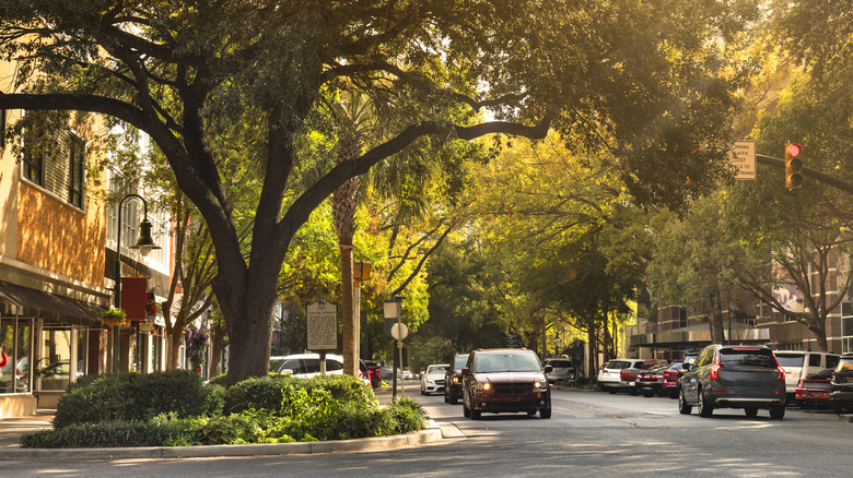 Downtown Columbia street with cars and storefronts