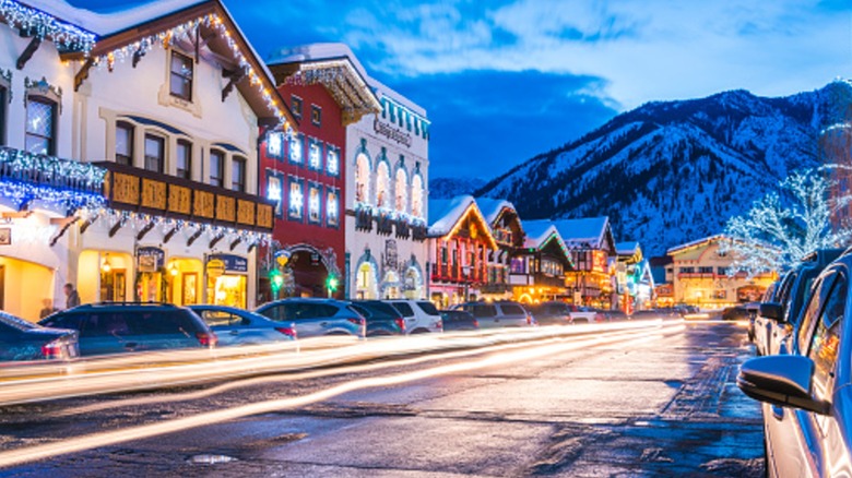 Christmas lights twinkling on a street in Leavenworth, Washington