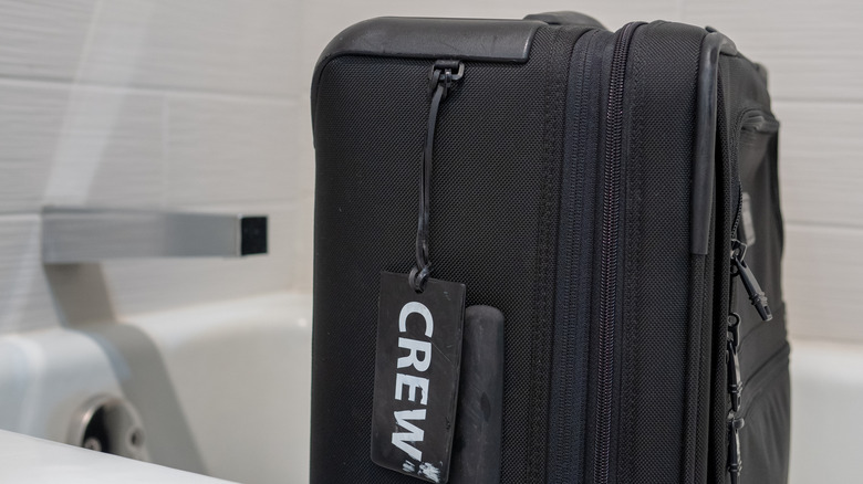 Black luggage in a bathtub.