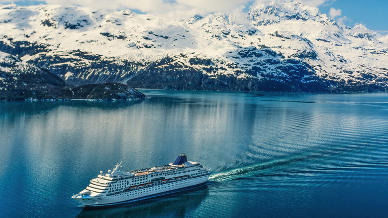 A large cruise ship sailing in Alaska.