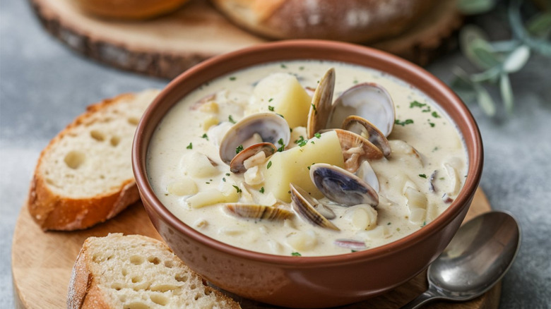 A bowl of New England clam chowder stands on a table