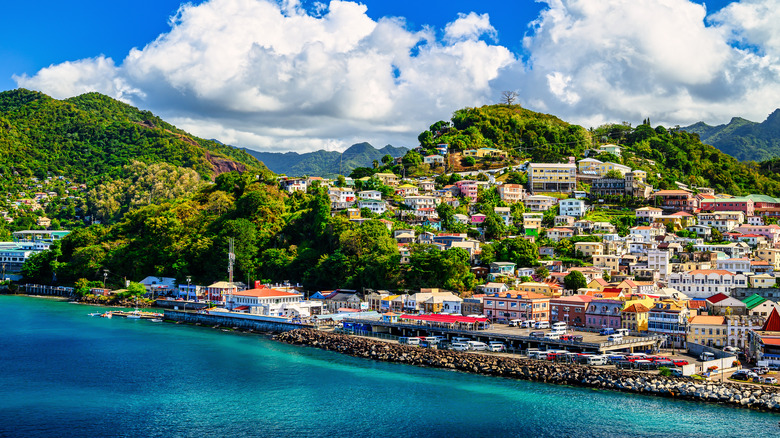 coastal town with colorful buildings and green hills