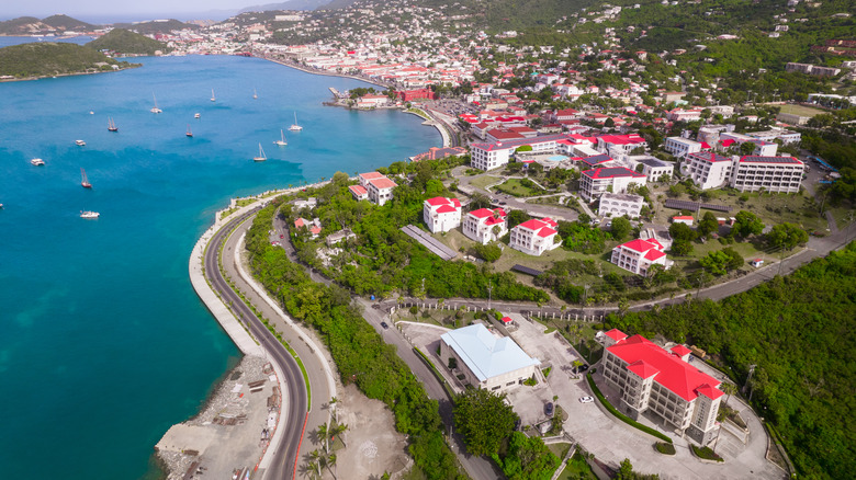 Aerial over downtown Charlotte Amalie, St. Thomas, U.S. Virgin Islands