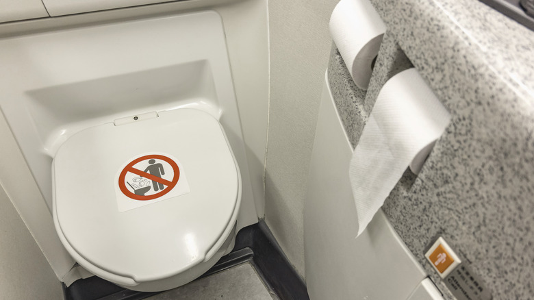 The toilet seat with the lid closed at a aircraft lavatory. With toilet paper on the right.