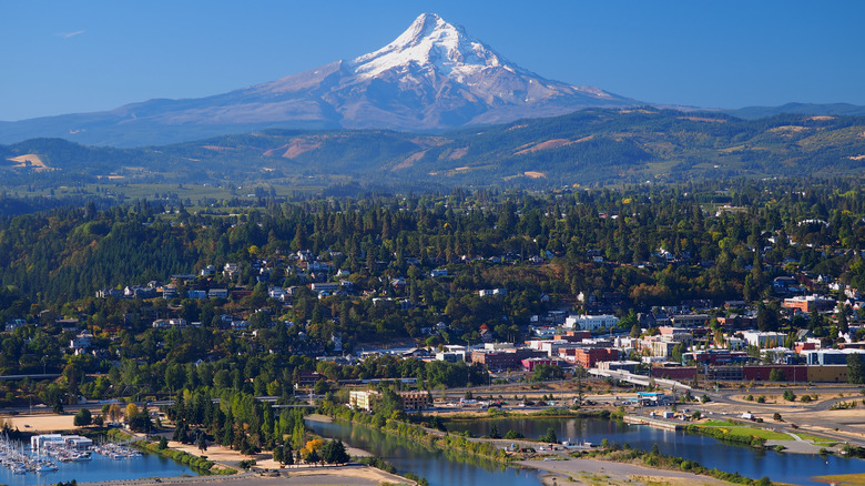 Mountains form the backdrop to Hood River, OR