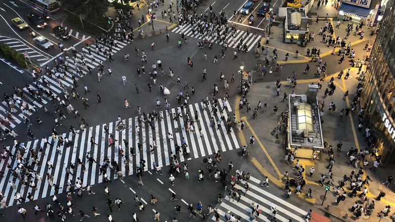 pedestrians crossing shibuya scramble elevated view