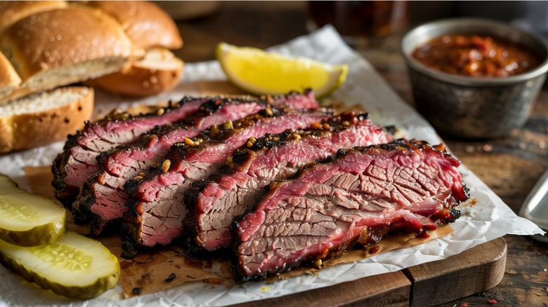 Slow-smoked Texas beef brisket sliced thick with a deep bark, juicy center, and served with pickles, white bread, and BBQ sauce on the side