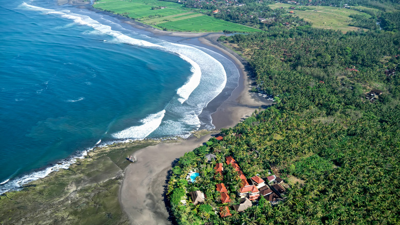An aerial view of the waves at Medewi Beach in Bali, Indonesia