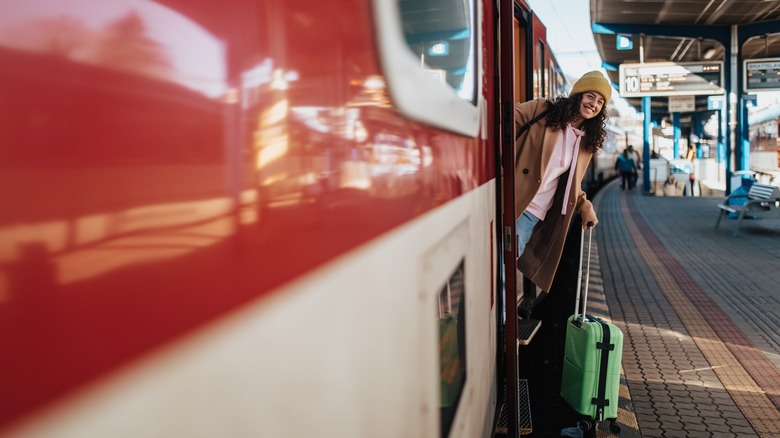 Woman traveling by train