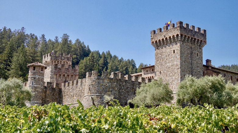Castello di Amorosa exterior overlooking vineyards