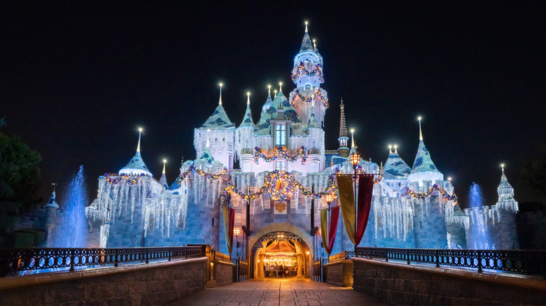Sleeping Beauty Castle at night lit up