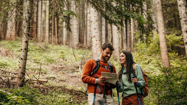 Couple hiking a forested trail