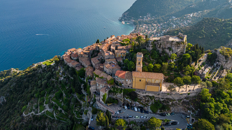 Aerial view of Eze and trees over the sea
