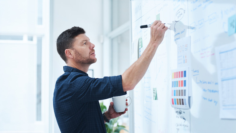 A man writing on a whiteboard