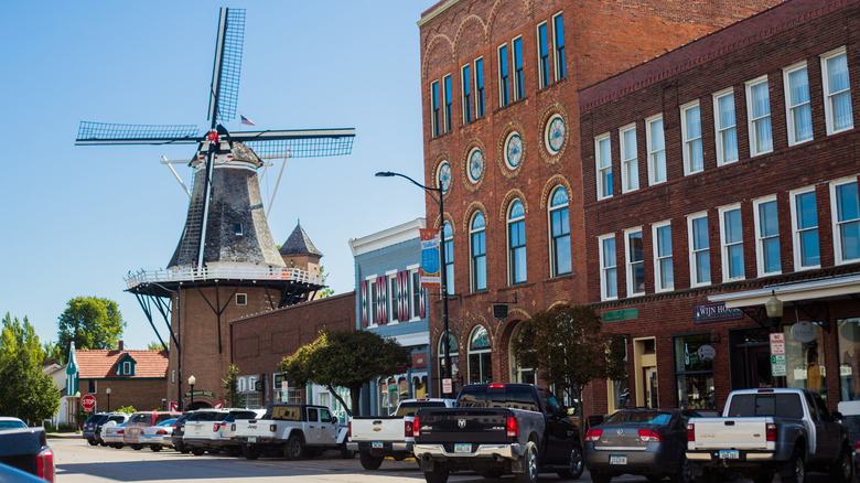 The windmill and main street in Pella, Iowa