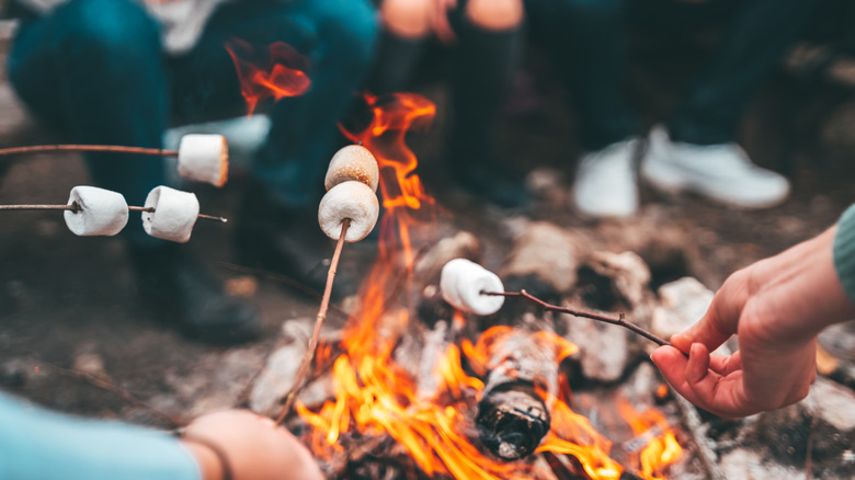 Hands holding marshmallows on sticks over campfire