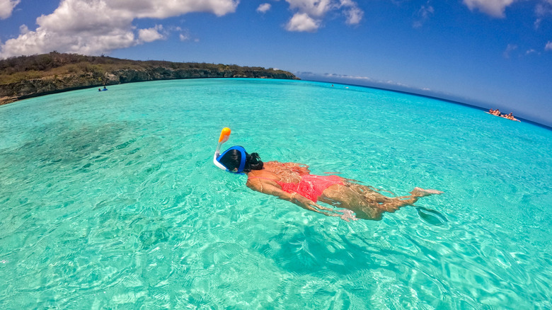 A snorkeler swimming in clear, turquoise water off the coast of Curaçao in the Caribbean