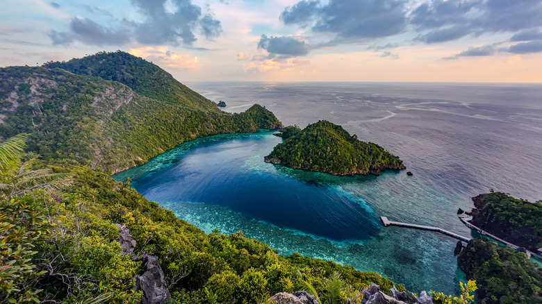 Aerial view of Love Lagoon, a stunning heart-shaped lagoon in Raja Ampat