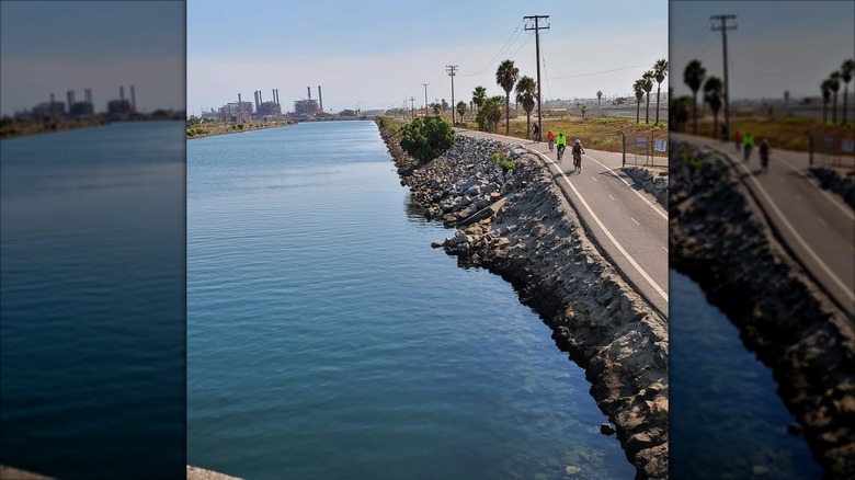 Cyclists riding by water on San Gabriel River Trail