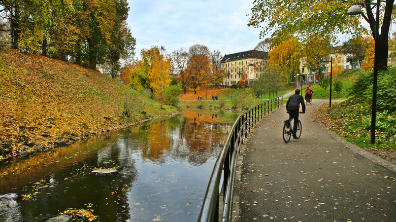 People biking along river in fall in Oslo