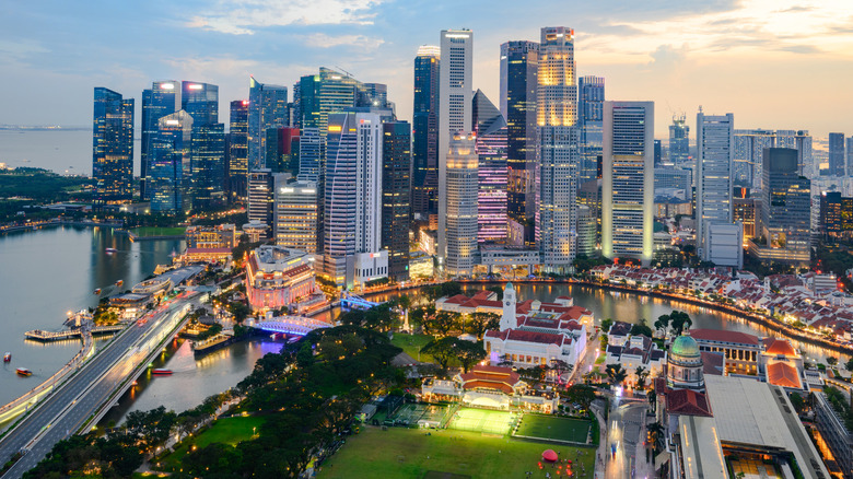 Aerial View of Singapore illuminated at sunset