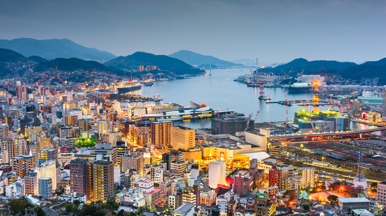 aerial view of cityscape illuminated at night