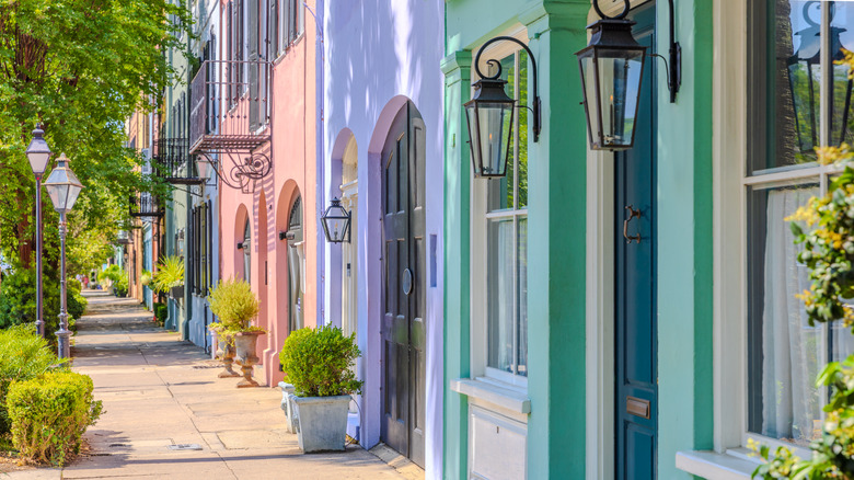 Facades of pastel-colored Rainbow Row houses