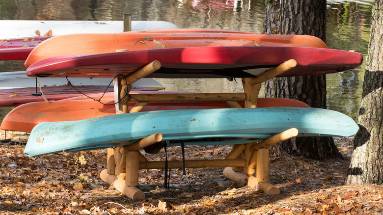 a stack of kayaks ready for use at Lake Gaston, North Carolina