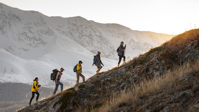 group of hikers approaching the summit at sunset