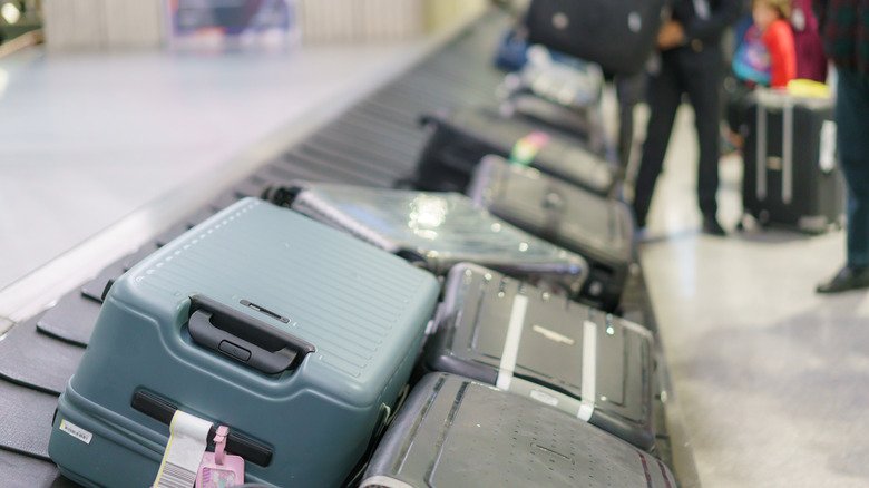 A row of suitcases on an airport conveyor belt