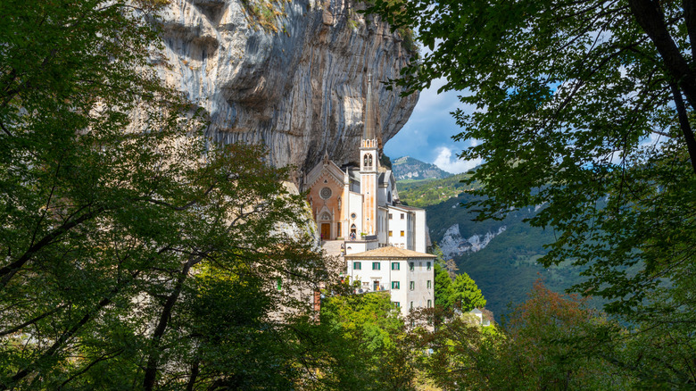 View of Santuario Madonna Della Corona on the cliffside of Monte Baldo