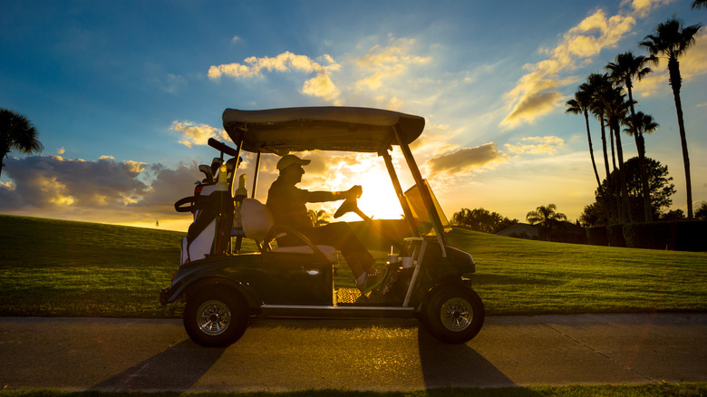 a man driving a golf cart against the setting sun