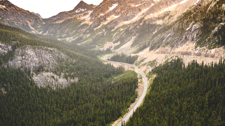 High viewpoint of the North Cascades Scenic Byway in Washington State on an overcast day