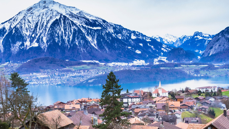 Swiss Alps are the backdrop to the town of Sigriswil