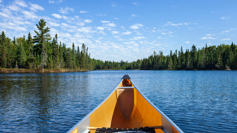 Yellow canoe with fishing net on a blue lake with pines along the shore on a sunny summer afternoon in northern Minnesota.
