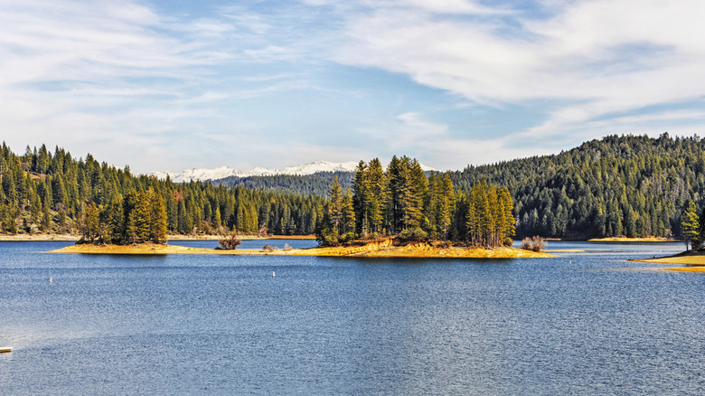 Jenkinson Lake in Northern California with the snow-covered Sierra Nevada Mountains in the background