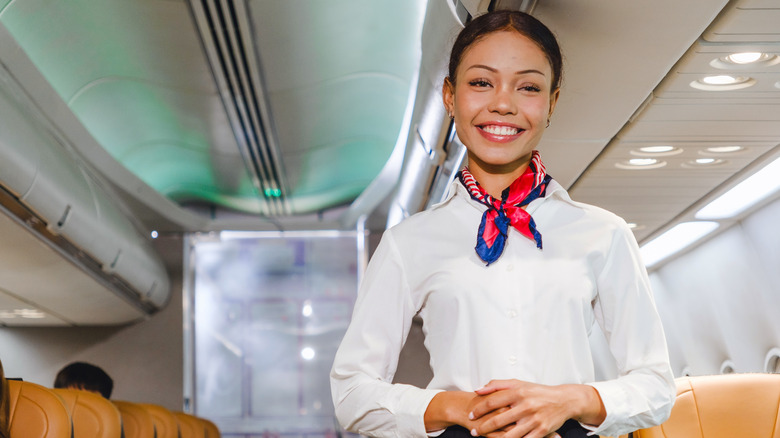 A smiling female flight attendant standing in the aisle of a plane.
