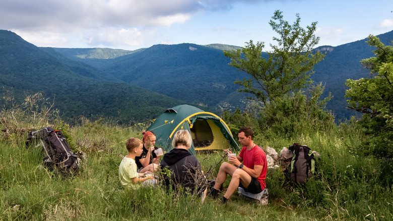 family camping in mountains