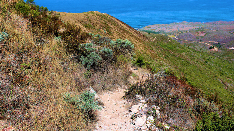 Rough hiking trail on hills above the sea